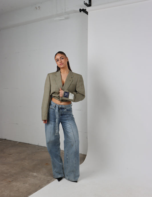 RENUED CROPPED BOMBER BURBERRY BLAZER BEIGE PLAID