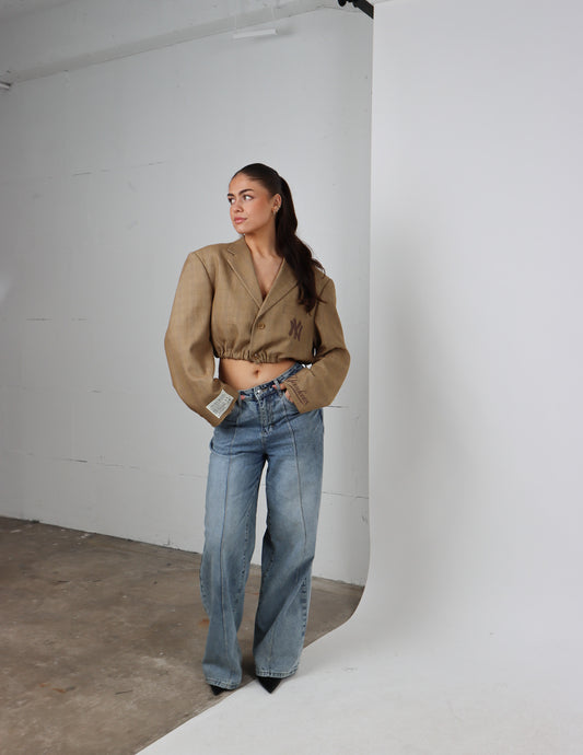RENUED CROPPED BOMBER NY INSPIRED BLAZER BEIGE PLAID