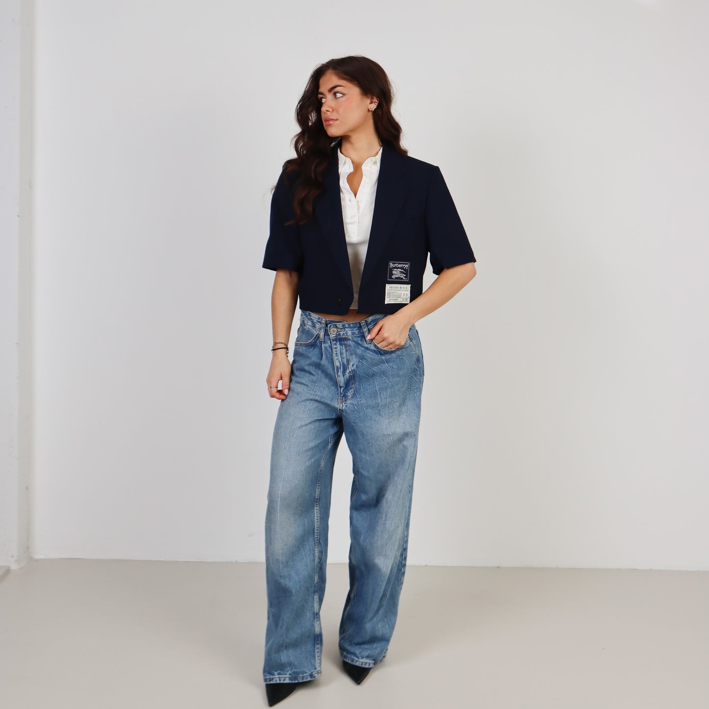 RENUED CROPPED BURBERRY SHORT SLEEVE BLAZER BLUE