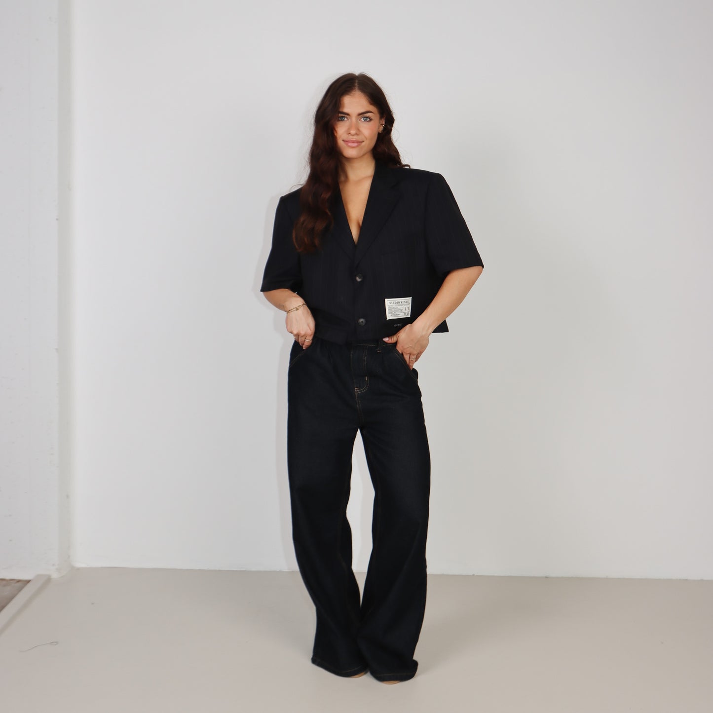 RENUED CROPPED GUCCI SHORT SLEEVE BLAZER NAVY STRIPED