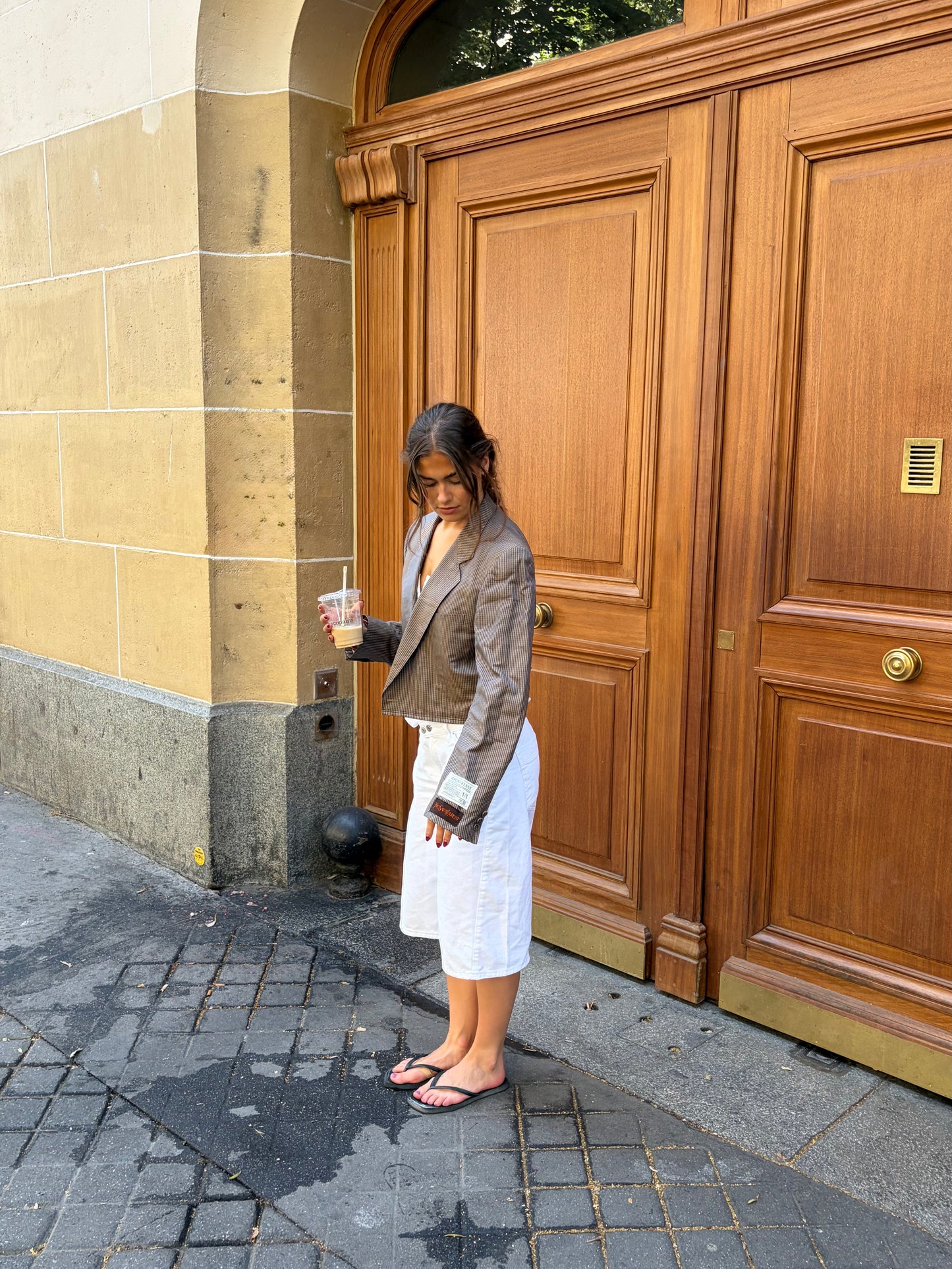 RENUED CROPPED TAILORED YSL BLAZER BEIGE PLAID