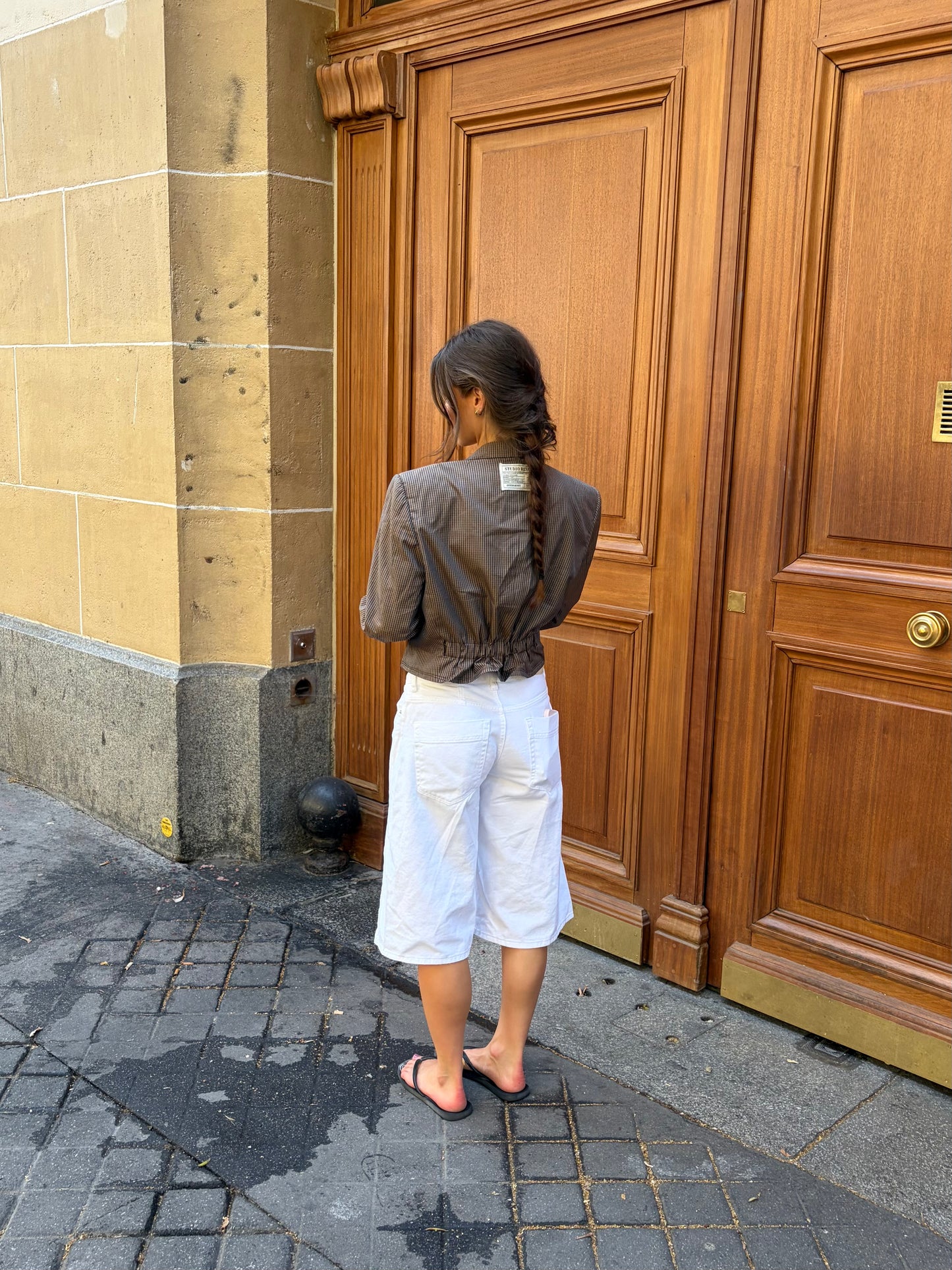 RENUED CROPPED TAILORED YSL BLAZER BEIGE PLAID