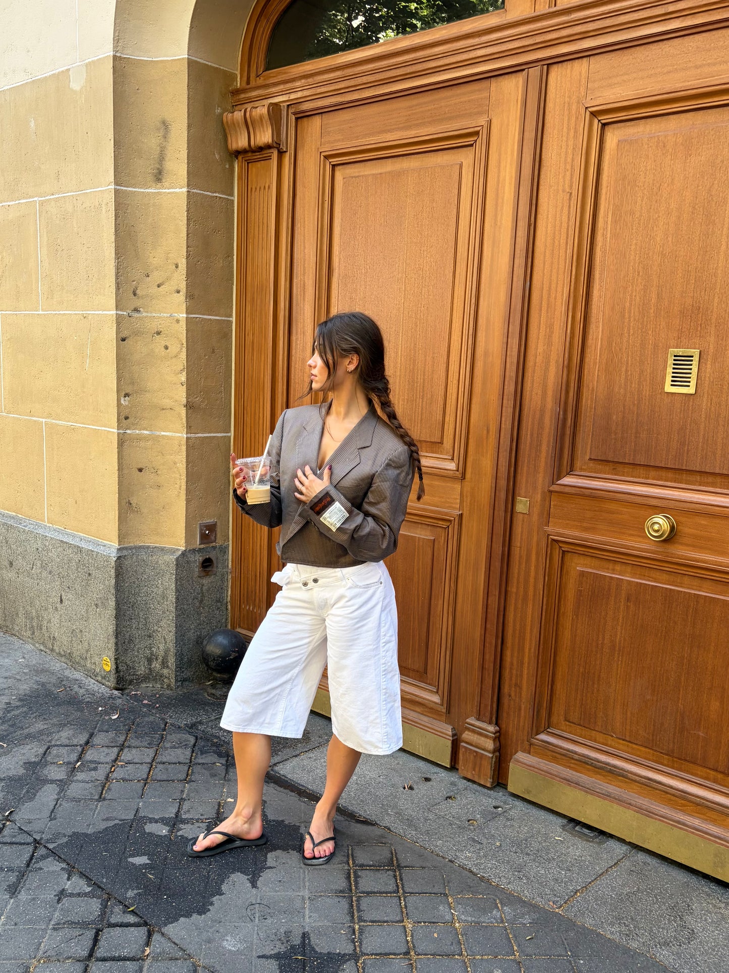 RENUED CROPPED TAILORED YSL BLAZER BEIGE PLAID