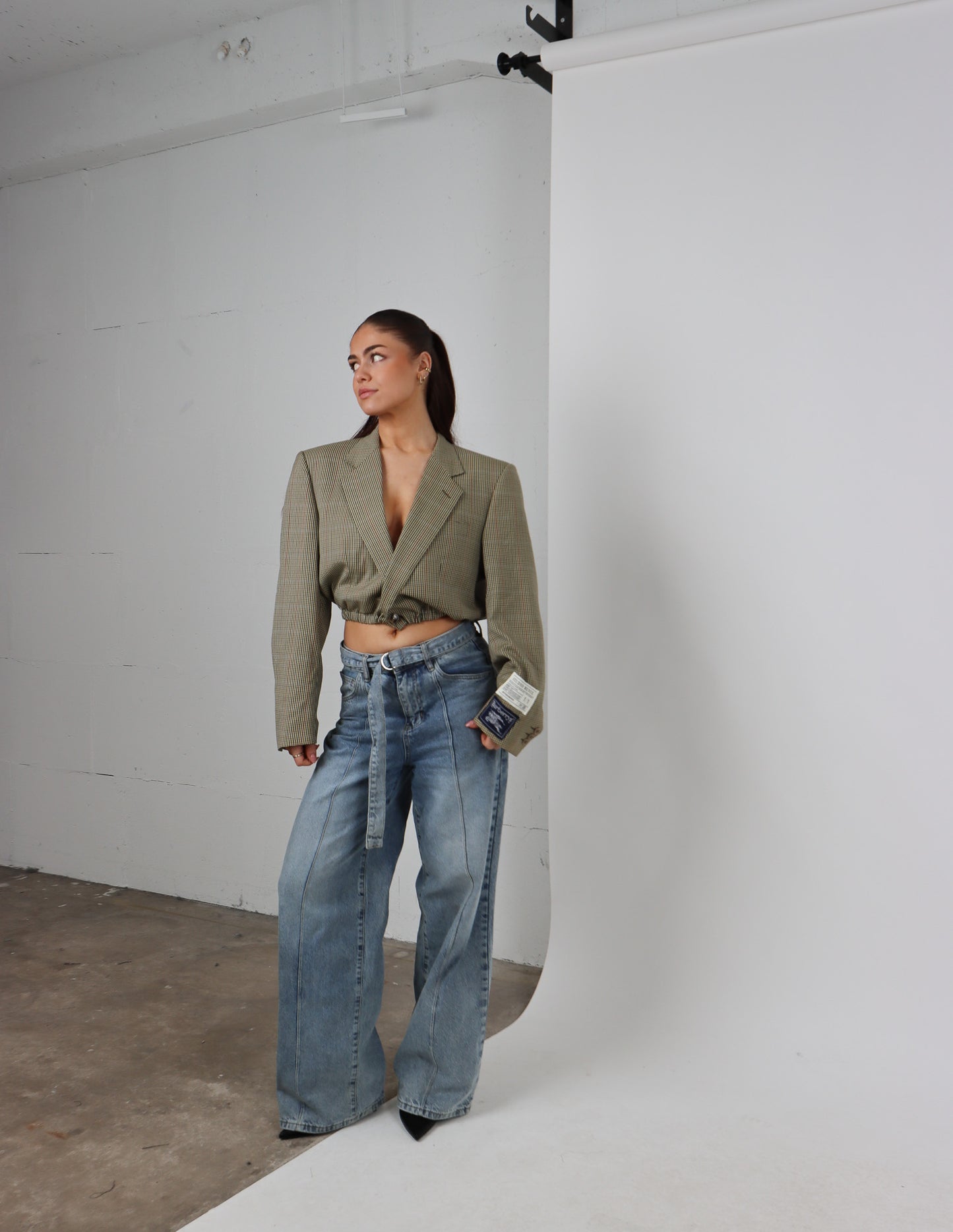 RENUED CROPPED BOMBER BURBERRY BLAZER BEIGE PLAID