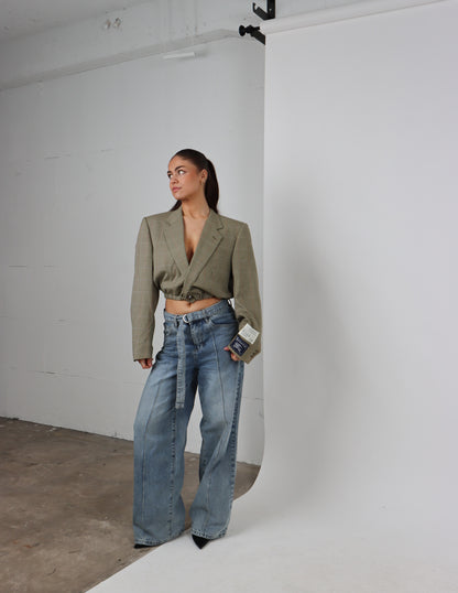 RENUED CROPPED BOMBER BURBERRY BLAZER BEIGE PLAID