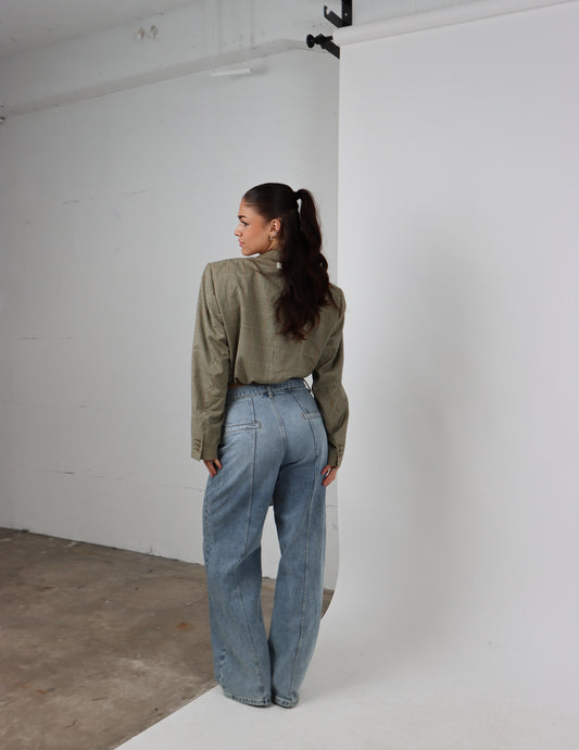 RENUED CROPPED BOMBER BURBERRY BLAZER BEIGE PLAID