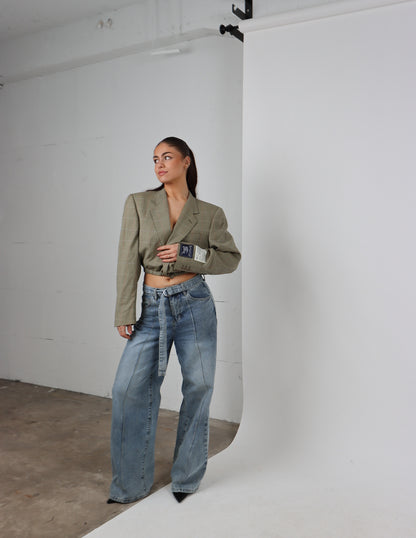RENUED CROPPED BOMBER BURBERRY BLAZER BEIGE PLAID
