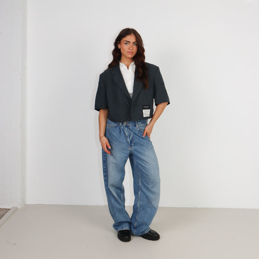 RENUED CROPPED YSL SHORT SLEEVE BLAZER DARK GREEN PLAID