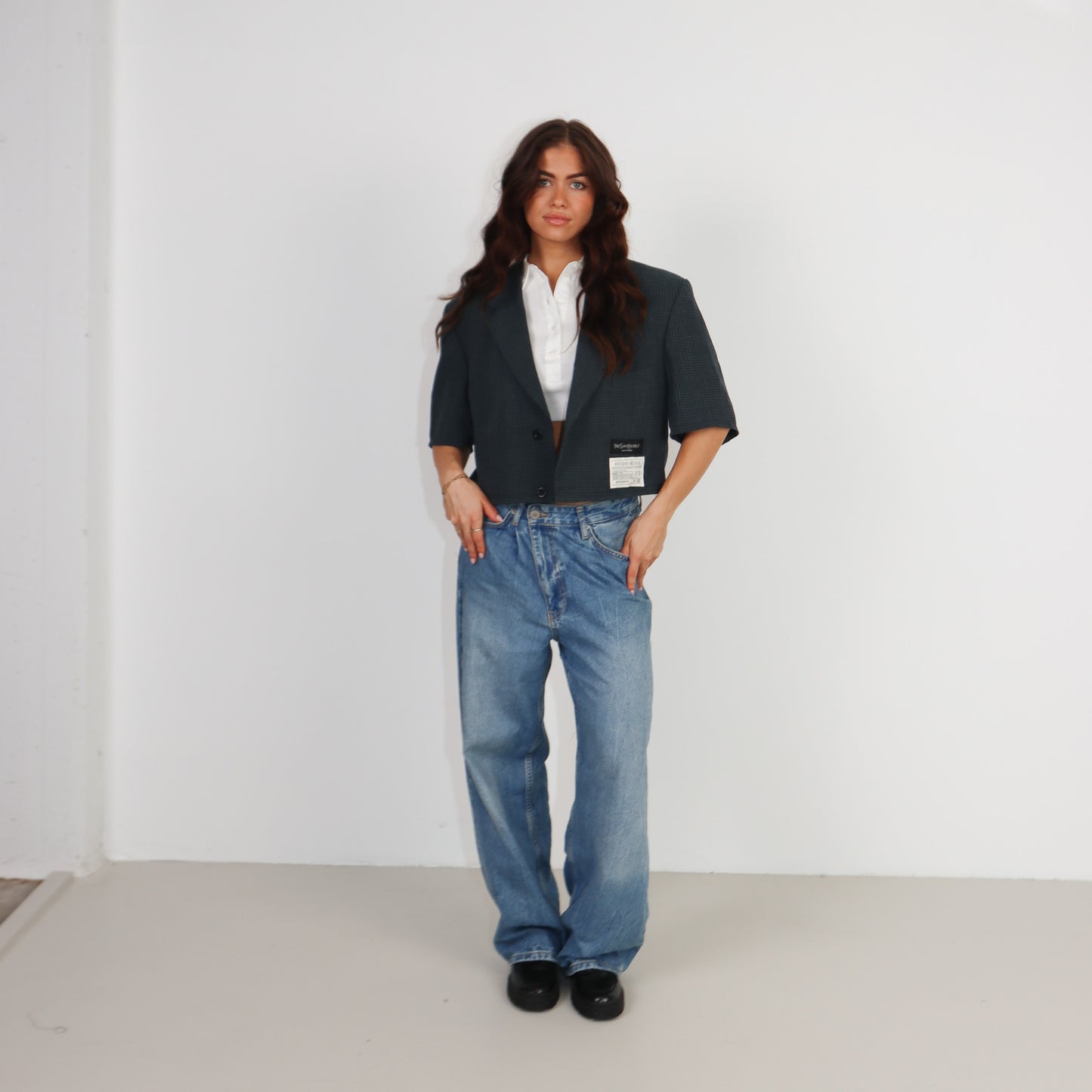 RENUED CROPPED YSL SHORT SLEEVE BLAZER DARK GREEN PLAID