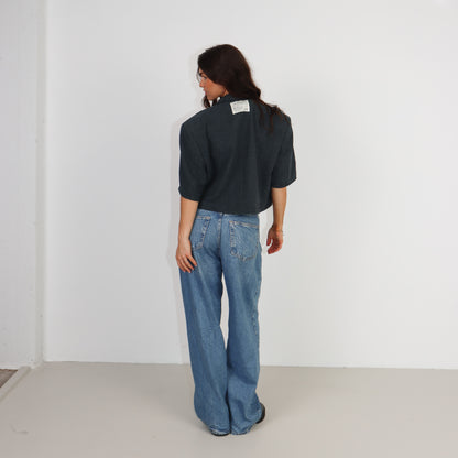 RENUED CROPPED YSL SHORT SLEEVE BLAZER DARK GREEN PLAID