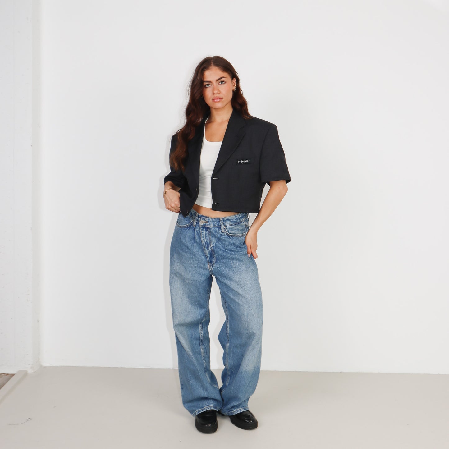 RENUED CROPPED YSL SHORT SLEEVE BLAZER GREY