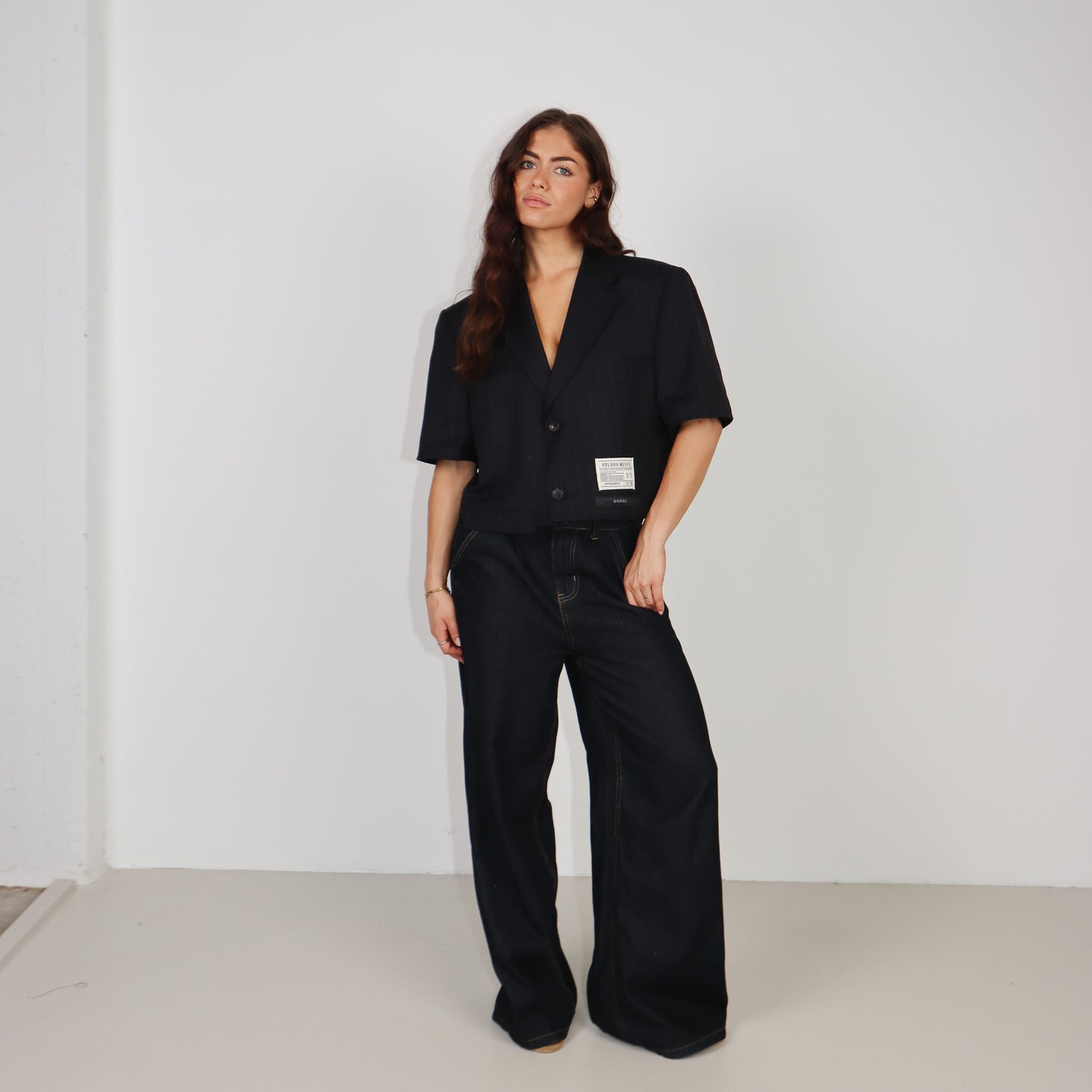 RENUED CROPPED GUCCI SHORT SLEEVE BLAZER NAVY STRIPED
