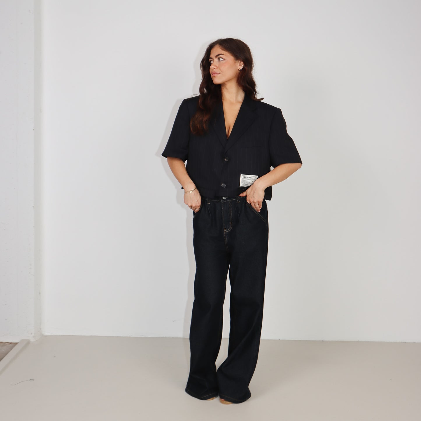 RENUED CROPPED GUCCI SHORT SLEEVE BLAZER NAVY STRIPED