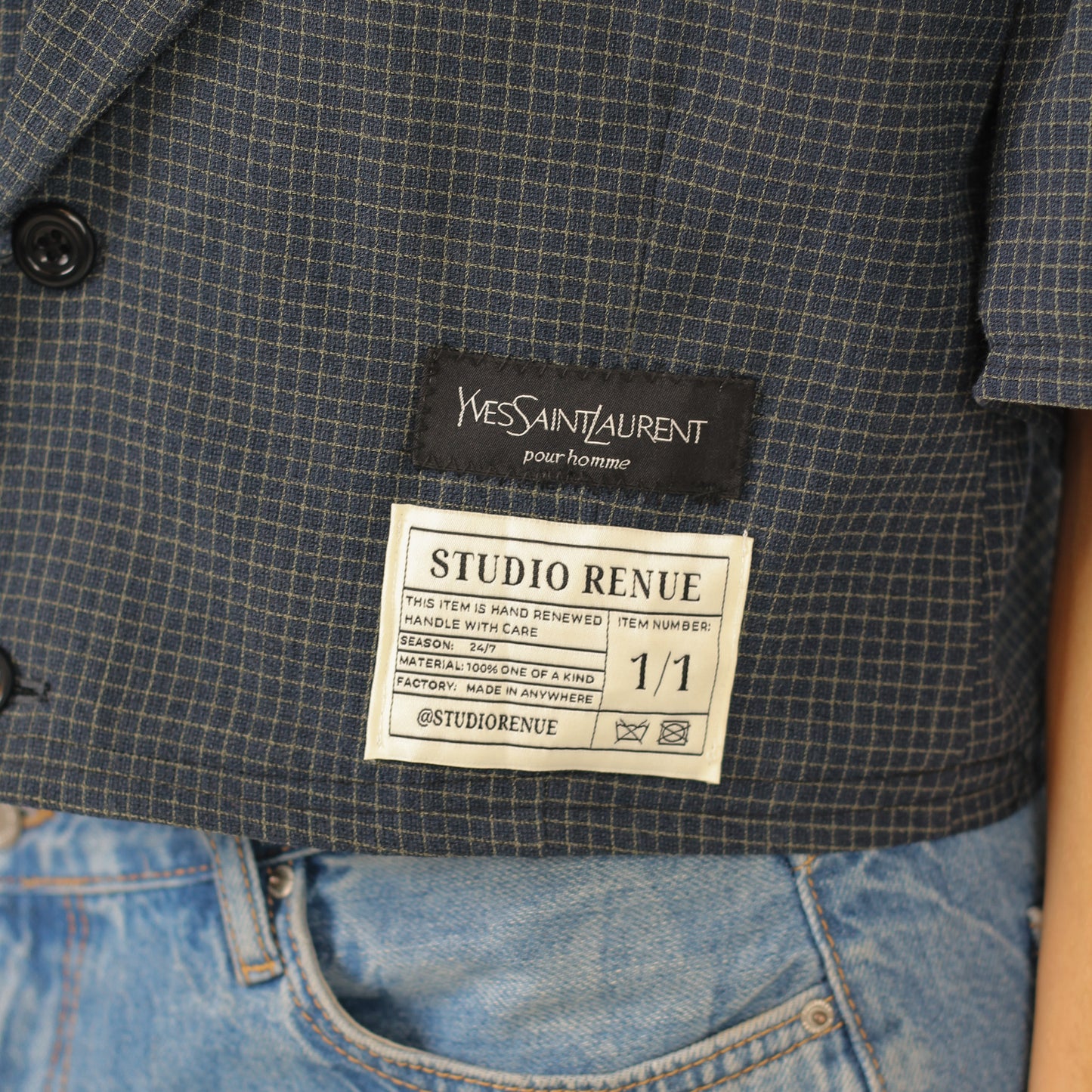 RENUED CROPPED YSL SHORT SLEEVE BLAZER DARK GREEN PLAID